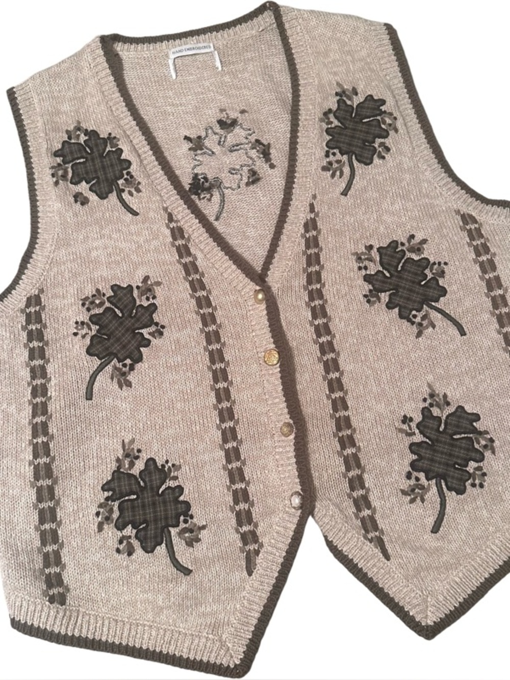 Vintage 1990's Hand Embrodiered Cotton Blend Fall Theme Leaves Sweater Vest
